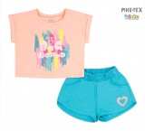 Bembi 2 részes lány szett, barack-türkiz, nyomott mintával, rövidnadrággal (KS630)