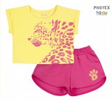 Bembi 2 részes lány szett, sárga-pink, nyomott mintával, rövidnadrággal (KS630)