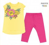 Bembi 2 részes lány szett, sárga-pink, virág mintás, térdnadrággal (KS631)