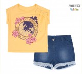 Bembi 2 részes lány szett, sárga, virág mintás, farmer rövidnadrággal (KS633)