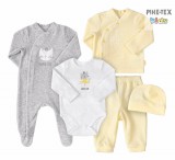 Bembi Díszdobozos újszülött kislány 5 részes szett sárga-szürke,cicás mintával-felirattal (KP244)