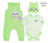 Bembi újszülött kisfiú 3 részes szett zöld,mosómedve mintával-felirattal (KP221)