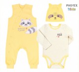 Bembi újszülött kislány 3 részes szett sárga,mosómedve mintával-felirattal (KP221)