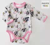 Bembi újszülött kislány szürke-rózsaszín body,cicás-méhecskés mintával (BD59a)