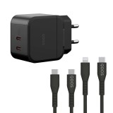 Bliszteres QDOS POWERCUBE TRIO 45W fekete hálózati töltő USB Type-C és Lightning adatkábellel 3A