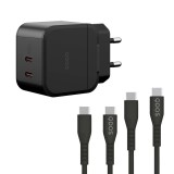 Bliszteres QDOS POWERCUBE TRIO 45W GaN fekete hálózati töltő 2db USB Type-C adatkábellel 3A