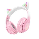 Bluetooth fejhallgató gyerekeknek, vezeték nélküli, macskafüles, LED világítás, rózsaszín, Hoco W42 Cat Ear
