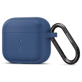 Bluetooth fülhallgató töltőtok tartó, szilikon, vezeték nélküli töltés támogatás, karabiner, Apple AirPods 3 kompatibilis, Spigen Silicone Fit, kék (114285) - Fülhallgató tok