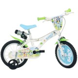Bluey 14” gyerek bicikli kulacstartóval és oldalkerekekkel fehér-kék-zöld színben – Dino Bikes kerékpár
