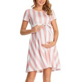 Bm Elegáns rózsaszín csíkos, zsebes kismama ruha (XL) - TÖBB MÉRETBEN