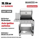 BORMANN ELITE Kerti gázgrill 4+1 égős, 15,5 kW, öntöttvas ráccsal, 70,5 × 42 cm (BBQ7041)