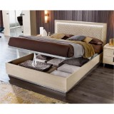 CamelGroup Ambra franciaágy keret ágyneműtartóval, kárpitozott fejvéggel, LED világítással, bézs színű műbőrrel - nyírfa