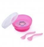 Canpol Babies Csúszásmentes műanyag tál fedéllel és evőeszközökkel 350 ml (9h+) - Rózsaszín