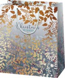 Cardex Karácsonyi ajándéktáska 33x27x14cm, nagy, csillogó, lila, arany levelek