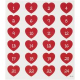 CCHOBBY Karácsonyi matrica, adventi naptár, számok 1-24-ig, szív alakú, 15x17cm