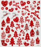 CCHOBBY Karácsonyi matrica, piros házikó, fa, rénszarvas, 15x17cm