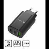 Cellect Hálózati gyorstöltő adapter 65W USB-A és C csatlakozóval, Fekete (MTCB-PD65WNE-BK)