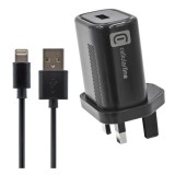 Cellularline hálózati töltő (UK földelt hálózati dugó, USB-A, 12W, Lightning 8pin kábel, fekete)