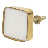 Clayre & EEf Bútorgomb ajtófogantyú szögletes 3,5x3,5cm,fehér kő aranyszínű fémkerettel