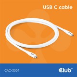 Club 3D Kábel - CAC-3001 (USB-C, PD 240W, 20Gbps, 4K60Hz, fehér, M/M, 2m)