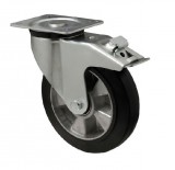 colson Forgó-fékes kerék, horganyzott villába szerelve, fekete tömörgumi futófelülettel, 100 mm, 180 kg, talpas felfogatás