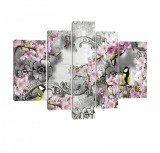 Consalnet Vászonkép, 5 darabos, Cinege virágokkal 170x100 cm méretben
