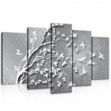 Consalnet Vászonkép 5 darabos, Faág madarakkal fekete-fehérben 100x60 cm méretben