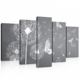 Consalnet Vászonkép 5 darabos, Pitypang és a lepkék fekete-fehérben 100x60 cm méretben