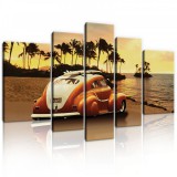 Consalnet Vászonkép, 5 darabos, Retró autó a tengerparton 170x100 cm méretben