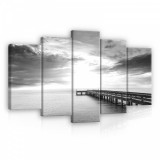 Consalnet Vászonkép 5 darabos, Tenger,stég és a borúlt égbolt fekete-fehérben 100x60 cm méretben