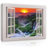 Consalnet Vászonkép, Kilátás az ablakból, Naplemente a hegyek felett, 60x40 cm méretben