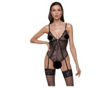 Cottelli - harisnyatartós, csipkés nyitott body (fekete)