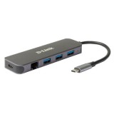D-Link DUB-2334 USB 3.0, USB-C, RJ-45, 5 az 1-ben Szürke USB Hub