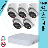 Dahua 5 turret kamerás IP megfigyelőrendszer 4MP HD turret biztonsági kamera, 2.8 mm-es fix objektívvel, PoE, beépített mikrofonnal, színes éjszakai kép, kültéri