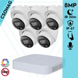 Dahua 5 turret kamerás IP megfigyelőrendszer 8MP turret biztonsági kamera, 2.8 mm-es fix objektívvel, PoE, beépített mikrofonnal, hibrid megvilágítással, fém ház, kültéri