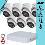 Dahua 7 turret kamerás IP megfigyelőrendszer 4MP HD turret biztonsági kamera, 2.8 mm-es fix objektívvel, PoE, beépített mikrofonnal, színes éjszakai kép, kültéri