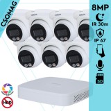 Dahua 7 turret kamerás IP megfigyelőrendszer 8MP turret biztonsági kamera, 2.8 mm-es fix objektívvel, PoE, microSD kártyafoglalat, hibrid megvilágítással, fém ház, kültéri