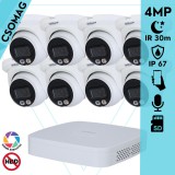 Dahua 8 turret kamerás IP megfigyelőrendszer 4MP turret biztonsági kamera, 2.8 mm-es fix objektívvel, PoE, beépített mikrofonnal, hibrid megvilágítással, fém ház, kültéri