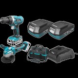 DEDRA DED7013 fúró/csavarozó, 125 mm-es sarokcsiszoló, 2x 2,0 Ah akkumulátor, töltő, 16"-os táska