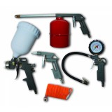 DEDRA Pneumatikus készlet 5db, felültöltős festékszóró pisztoly, alultöltős festékszóró pisztoly, levegőfújó pisztoly, pumpáló nyomásmérővel, spiráltömlő