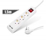 Delight Elosztó 3-as - 3 x 1,5 mm - 1,5 m - 2 x USB-vel - kapcsolós