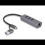 Delock 3 portos USB 5 Gbps Hub + Gigabit LAN USB Type-C csatlakozóval vagy A-típusú USB csatlakozóval fém vázban (64282) (64282)
