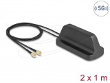 Delock 5G LTE GNSS WiFi 6 MIMO antenna 2 x SMA-dugó 2,1 - 3,0 dBi irányítatlan, mágneses talppal és csatlakozókábellel ULA100 1 m, kültéri, fekete