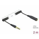 Delock Csavartkábel meghosszabbítás 3 tűs 6,35 mm sztereo Jack apa   sztereo jack anya 2 m, fekete