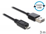 DeLOCK EASY-USB 2.0-A - USB 2.0 micro-B, 3m USB kábel USB A Micro-USB B Fekete