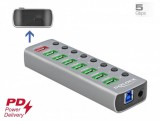 Delock USB 3.2 Gen 1 hub 7 porttal valamint 1 gyorstöltő porttal és 1 USB-C PD 3.0 porttal kapcsoló