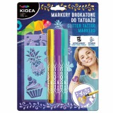 Derform Tetováló filckészlet, 3 db filctoll (lila, türkiz, arany) sablonokkal, Kidea