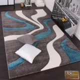 Designer szőnyeg, kontúrokkal, hullám türkiz-szürke-fehér