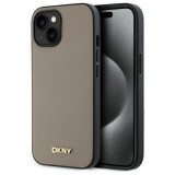 DKNY DKHMP15SPGHLME Grained Metal Logo MagSafe-kompatibilis tok iPhone 15 - bézs