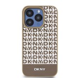 DKNY iPhone 14 Pro MagSafe Ismétlődő mintás alsó csíkos PU Bőr Telefon tok - Barna (DKHMP14LPSOSPW)